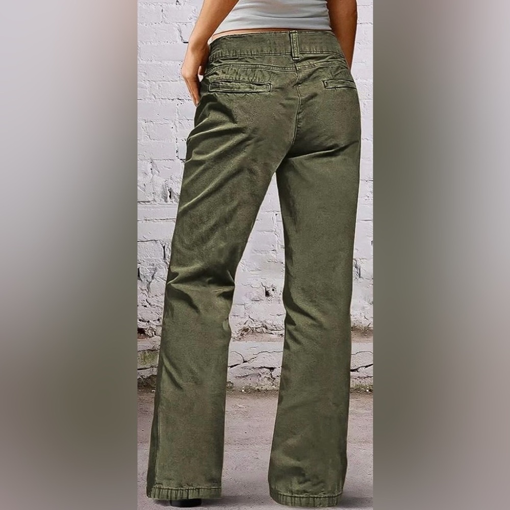 Flamingals Solid Seam Front Mid Rise Straight Leg Jeans Olive Green Small NWT - Picture 3 of 8